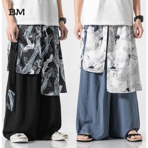 Chinese Style Elegant Cotton And Linen Pants Fashion Wide-Leg Pants Men Comfortable Skirt Pants Ancient Loose Large Size Hanfu