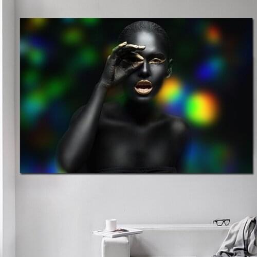 Black Hand and Gold Lip Nude Woman Oil Painting on Canvas Cuadros Posters and Prints African Wall Art Picture for Living Room