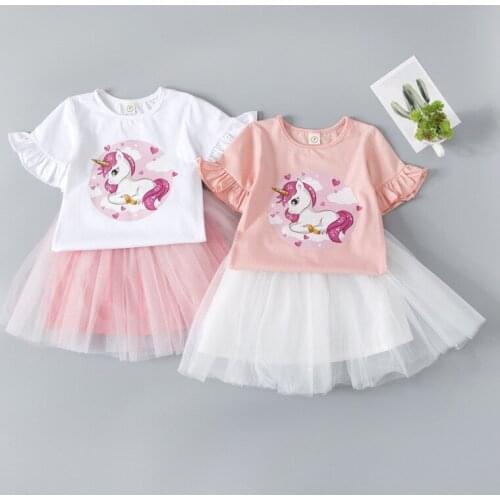 2 3 4 5 7 Years Baby Girls Summer Set Cartoon Unicorn T-shirt Tops Tutu Lace Skirt Two Piece Suit Kids Clothing KF1032