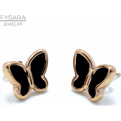 FYSARA Wedding Black White Shell Insect Butterfly Earrings For Women Stud Earrings Stainless Steel Rose Gold Earrings Jewelry