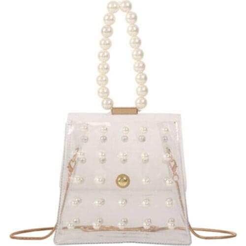Hot Selling Chain Clear Shoulder Messenger Bag Faux Pearls PVC Transparent Crossbody Top-handle Handbag
