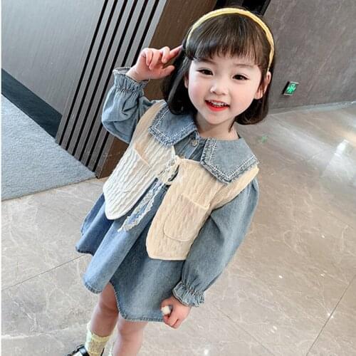 Korean Style Kids Girl Clothes Set New Fashion Spring Autumn Knitting Sleeveless Vest+Denim Dress Outfit Two Piece Children Sets