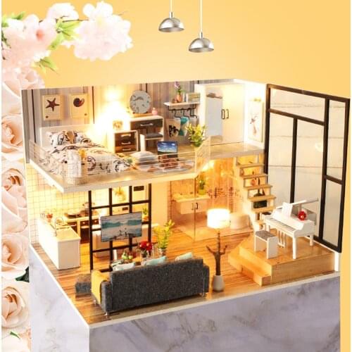 Doll house Furniture Wooden Miniature DIY Kit with Dust Cover Music Box Assemble Crafts Toy Best Birthday Gift For Children Girl