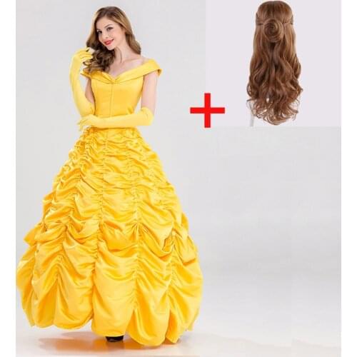 Hot Top Beauty and the Beast Princess Belle Dress OR Wigs Cosplay Costume Halloween Adult Women Belle Costumes Yellow Long Dress