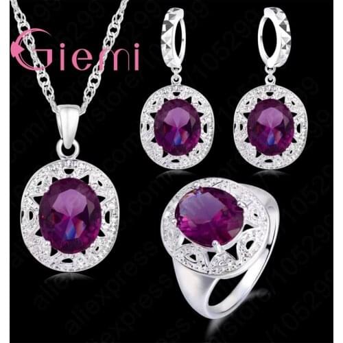 Trendy Jewelry Sets Purple Necklace Style Shiny Drop Eearrings Classic Rings For Women Lovers 925 Sterling Silver Crystal