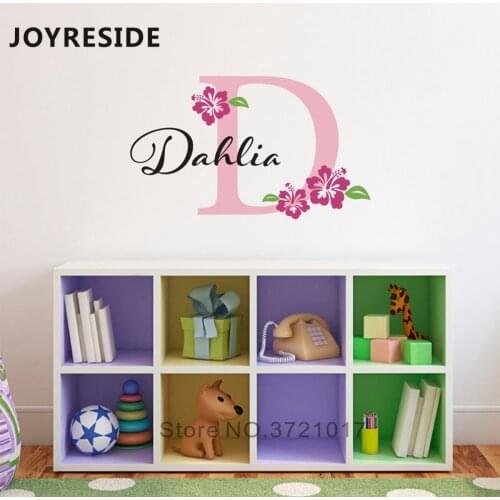 JOYRESIDE Flower Custom Girls Names Wall Decals Flower Personalized Name Bedroom Decor Hibiscus Flower Wall Sticker Vinyl WM176