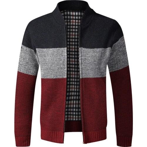 Autumn Winter Men Long Sleeve Stand Collar Coat Color Block Warm Plush Cardigan