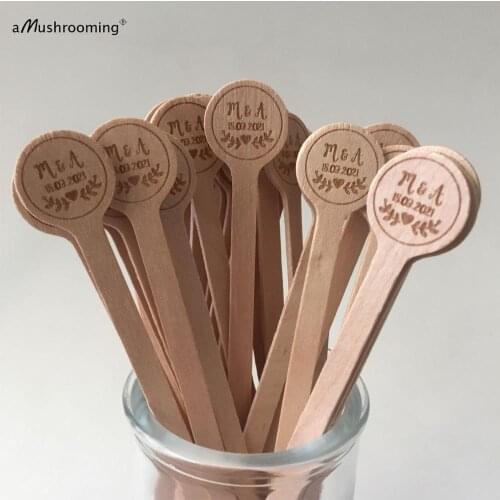 100pcs Wedding Cocktail Party Stir Sticks Custom Engraved Drinking Stirrers with Initials Vintage Birchwood Sticks Drink Toppers