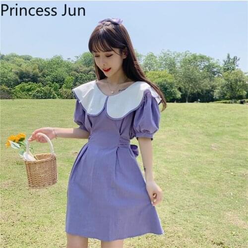Big Size 2XL Women Fashion Purple Green Holiday Dress Summer Sweet Puff Sleeve A Line Dress Peter Pan Collar Slim Mini Dress