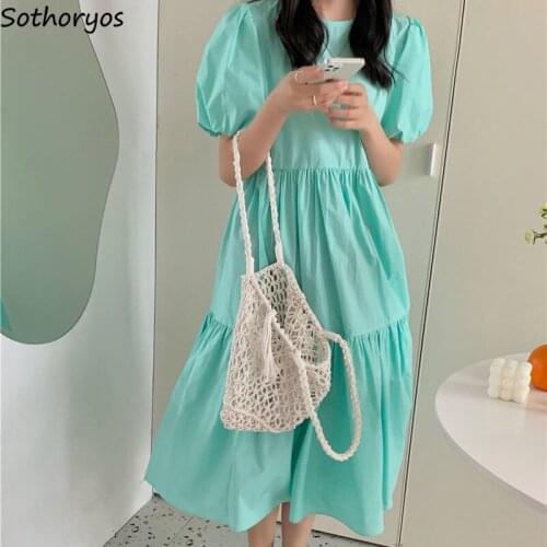 Short Puff Sleeve Dress Women Solid A-line Loose Pleated High Waist Dresses Female Elegant Preppy Style Simple Candy Color Chic