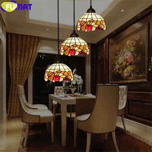 FUMAT Tiffany Pendant Lamp Pear Apple Grape Drawing Stained Glass Gemstone Lampshade Light For Dinning Coffee Study Room Bar