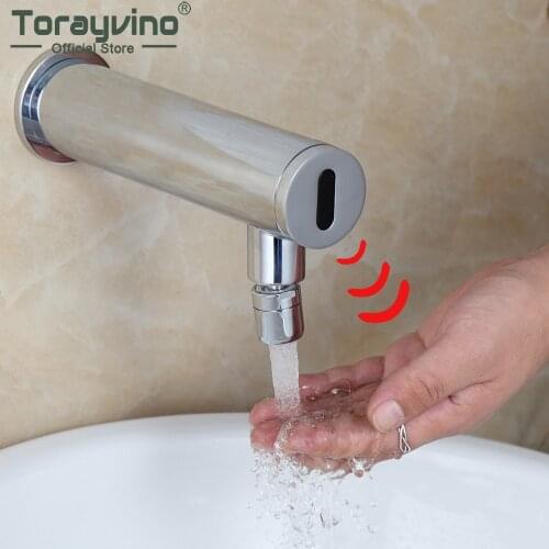 Torayvino Luxury Chrome Polished Bathroom Sensor Faucet Wall Mounted Basin Sink Automatic Faucets Only Cold Water Bathtub Tap