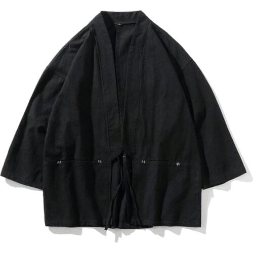 Traditional Japanese Style Fashion Men Retro Cardigan Samurai Kimono Haori Japan Warrior Yukata Obi Asian Coat Adult Clothing