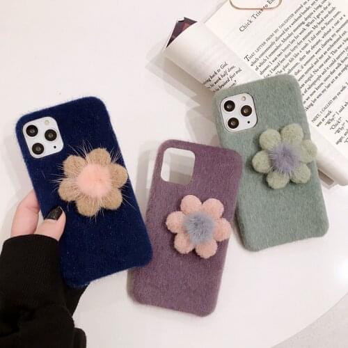 Japan Korea Girl Fashion 3D Cute Fluffy Flower Furry Soft Back Phone Case Cover For iPhone 11 Pro Max XS Max XR X 8 7 6 6S Plus