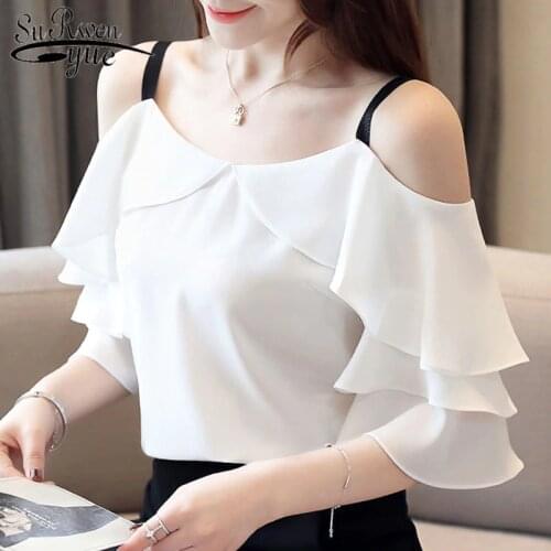 Korean Fashion Clothing 2021 Spliced Solid Ruffled Chiffon Short Butterfly Sleeve Ladies Tops White Shirt Blusas Female 4079 50