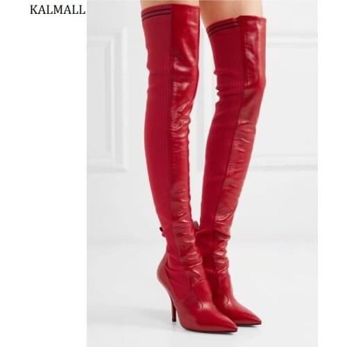 KALMALL Red Stretch Knit Thigh High Boots Winter Women Over-The-Knee Boots Pointed Toe Stiletto Heels Women Boots Botas Mujer