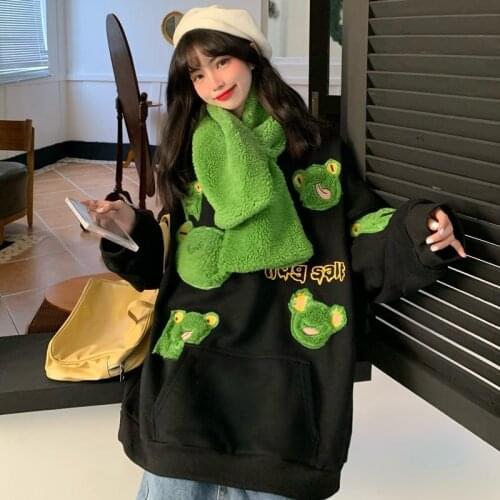 Harajuku Style frog belt scarf Sweater Women Tide Ins lazy Winter Autumn plus-size tops Long-sleeve Sweatshirt couple clothes