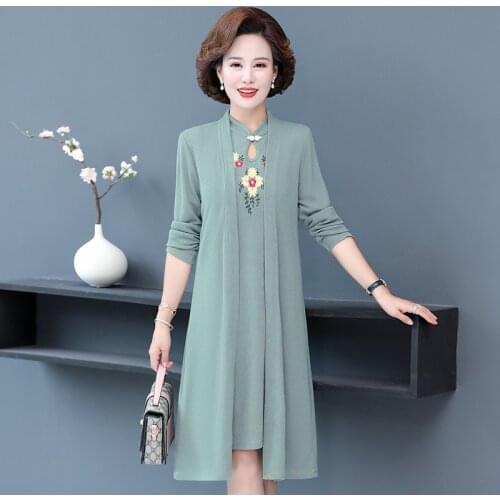 Cheongsam Dress Two-piece Suit Spring Autumn High-end Elegant Dress Middle-aged Womens Embroidered Dress Set Plus Size 5XL