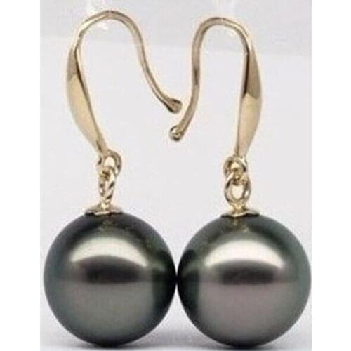 Women Gift word Love sell beautiful 10-11 MM AAA+++TAHITIAN BLACK PEARL EARRING YG MARKED 925