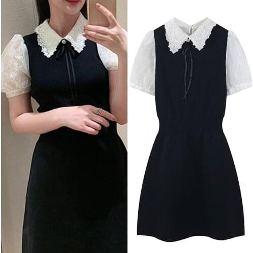 2021 Women Sweater Knit Dresses Black Mini A-Line Short Sleeve Casual Fashion Vintage Robes Vestidos Elegant Office Lady Clothes