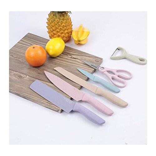 EVERRICH 6PCS Kitchen Knife Set Colorful Stainless Steel Chef Knife Bread Knife Cleaver Scissors