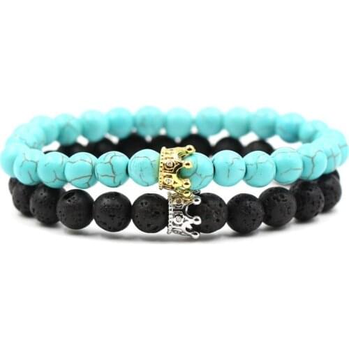 8mm 2PCS/Set utj3 4elastic adjusted nature black stone volcanic lava Howlite micro pave cz zircon cubic zirconia Crown Bracelet