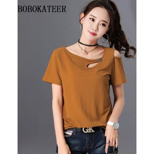 BOBOKATEER casual women t-shirt off shoulder t shirt women tops cotton camisetas mujer short sleeve haut femme loose camiseta