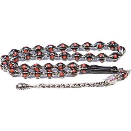Jet Rosary (Tasbih) with Coralline Inlay