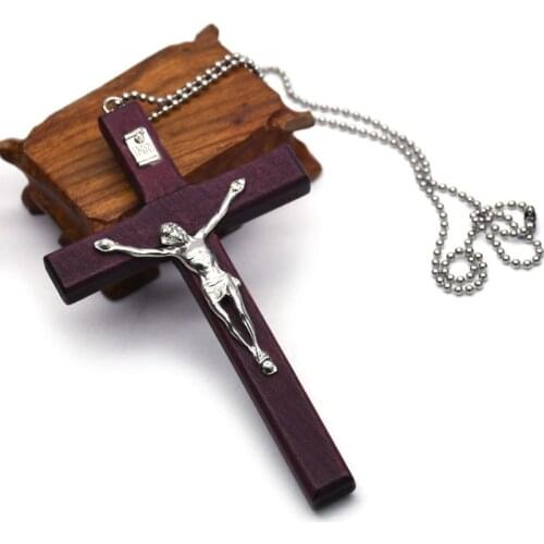 Wooden Religious Jesus Cross Necklace Christian Crucifix Pendent Chain Jewelry N58C