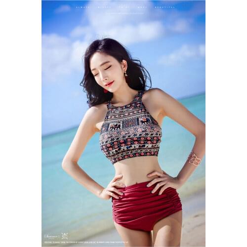 Obrix Female Summer Trendy Swimsuit Two Piece O-Neck Underwire Top Solid Pattern Bottom Swimming Suit For Vacation