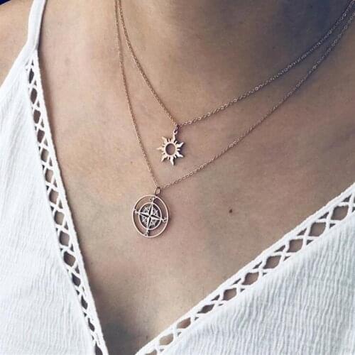 Mavis Hare Hot Sale Compass Necklace & Sun Pendant Necklace Set Stainless Steel Chain Necklace as Mothers Day Best Gift