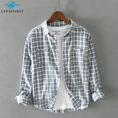 Men Autumn Fashion Classical Plaid Shirt Double Pocket Turn Down Collar Japan Style High Quality Casual Slim Fit 100% Cotton Top