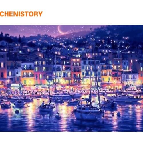 CHENISTORY Blue Water City Night DIY Digital Painting By Numbers Coloring Painting By Numbers Kits Drawing For Kid Unique Gift