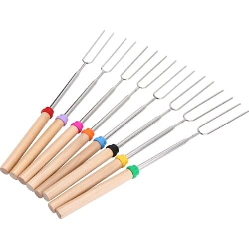 1 PC Stainless Roasting Sticks Wooden Handle Smores Barbecue Telescoping Forks 32 inch for Hot Dog Campfire Camping BBQ Tools