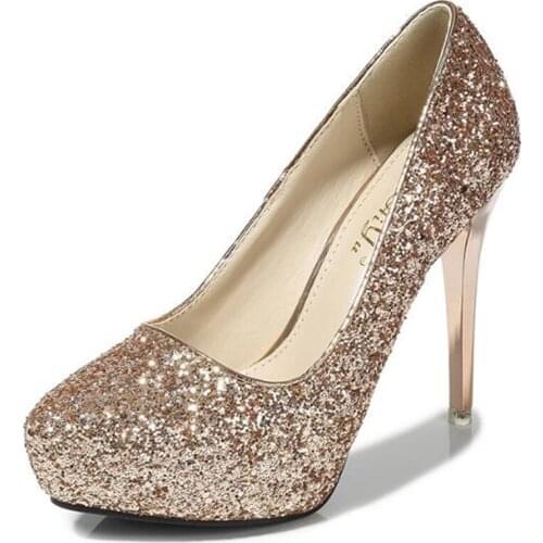 Sexy Pumps Wedding Women Fetish Shoes Sequined Cloth Slip On 11.5CM Thin High heel Pointed Toe waterproof Bling women shoes 2020