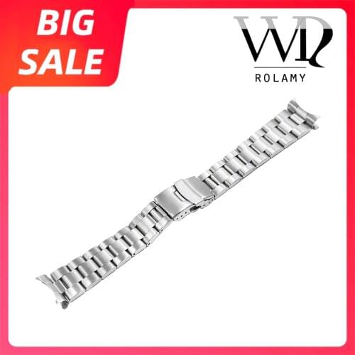 Rolamy 20 22mm Silver Brush Hollow Curved End Solid Links Replacement WatchBand Bracelet Double Push Clasp Oyster For Seiko SKX