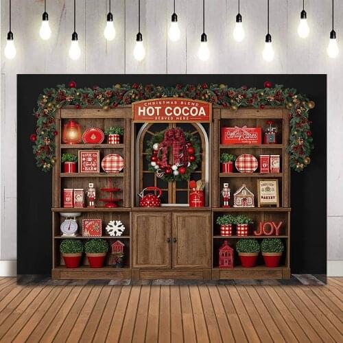Christmas Hot Cocoa Shop Backdrop for Photography Kitchen Cupboard Kid Children Background for Photo Studio Photocall Vinyl