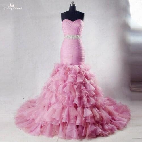 RSW1030 Sweetheart Neckline Long Train Crystal Belt Dusty Pink Blush Organza Ruffle Wedding Dresses