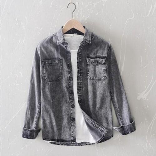 New men casual Denim shirt 100% cotton solid long sleeve tops man High quality blue grey shirt chemise homme plus size