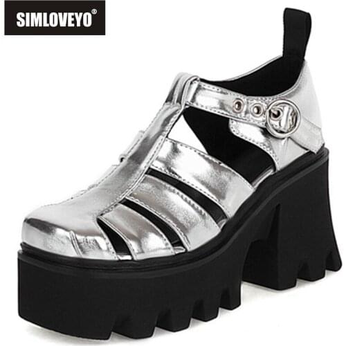 SIMLOVEYO New 2021 Ladies Pumps Round Toe 8cm Block Heels Thick Bottom Platform Vintage Buckle Cool Big Size 43 Casual B2342