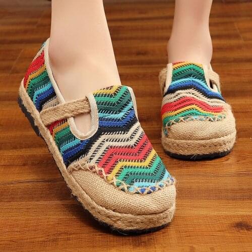 Womens Linen Thailand Embroidery Flat Slippers Summer Fashion Vintage Ladies Chinese Style Casual Cotton Home Shoes Size 40