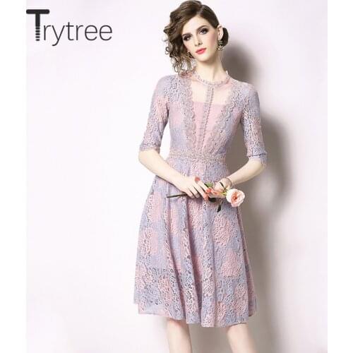 Trytree Summer Romantic Floral Casual Dress O-Neck womens dresses A-Line Knee-Length Silky Lace Patchwork Mesh Pink Dress