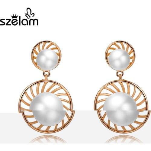 Szelam Hot Sale Elegant Double Simulated Pearl Drop Earring Female 2019 Brand New Gold Color Earrings Women Arete Ser160014