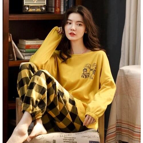 Women Cotton Pajamas Set Cute Cartoon Homewear Women Home Clothes Lounge Wear Autumn Long Sleeve Female Pajamas Cotton Sleepwear