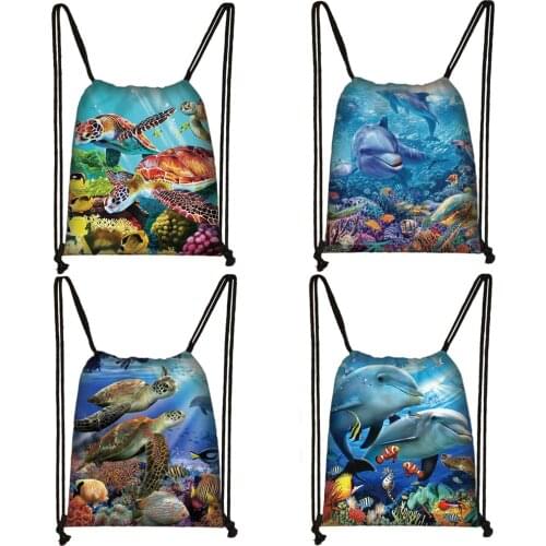 Sea Turtle / Dolphin Drawstring Bag Women Canvas Storage Bags Casual Backpack for Travel Shoes Holder Ladies Beach Bag