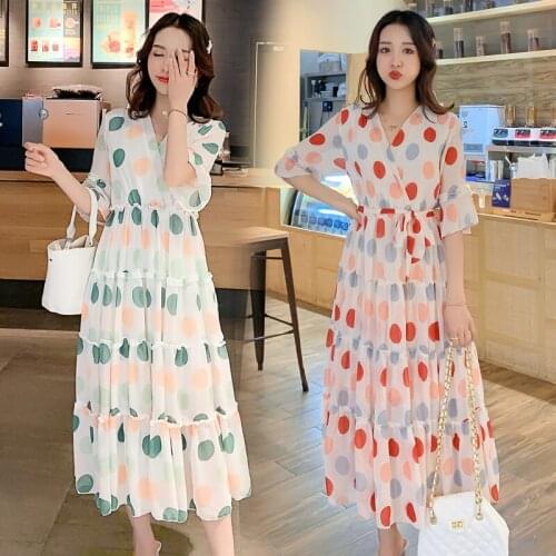 New French Polka Dot Dress V Collar Chiffon 2021 Loose Womens Half Sleeve Dress Spring Summer Pullovers Dress