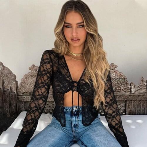 2021 Casual Sexy Ladies T-shirt Fashion Hollow Out Lace Up Long Sleeve Underwear Girls Tops V-Neck Cardigan Chest Belt Pajamas