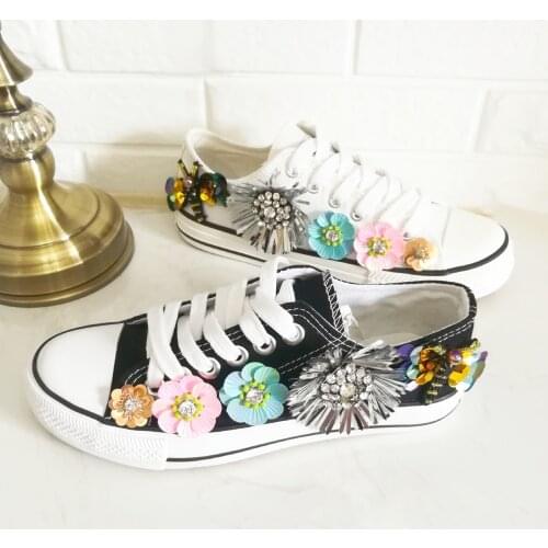 2021 heavy industry womens shoes canvas shoes lace-up flat low-top single shoes rhinestone flowers casual sneakers