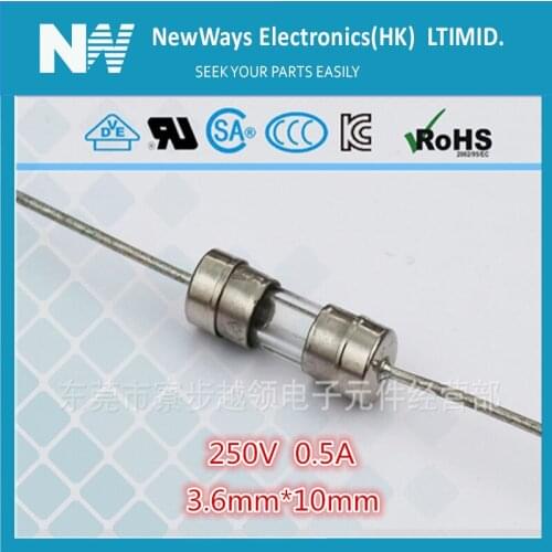 50PCS/Lot 0.5A Glass fast Fuse 3.6*10mm 0.5A 250V with lead wire Fuse