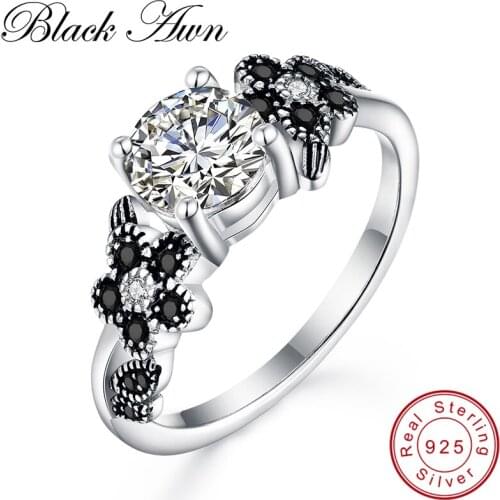 [BLACK AWN] 3.7g 925 Sterling Silver Fine Jewelry Trendy Flower Black Spinel Engagement Rings for Women Wedding Ring Bague C281